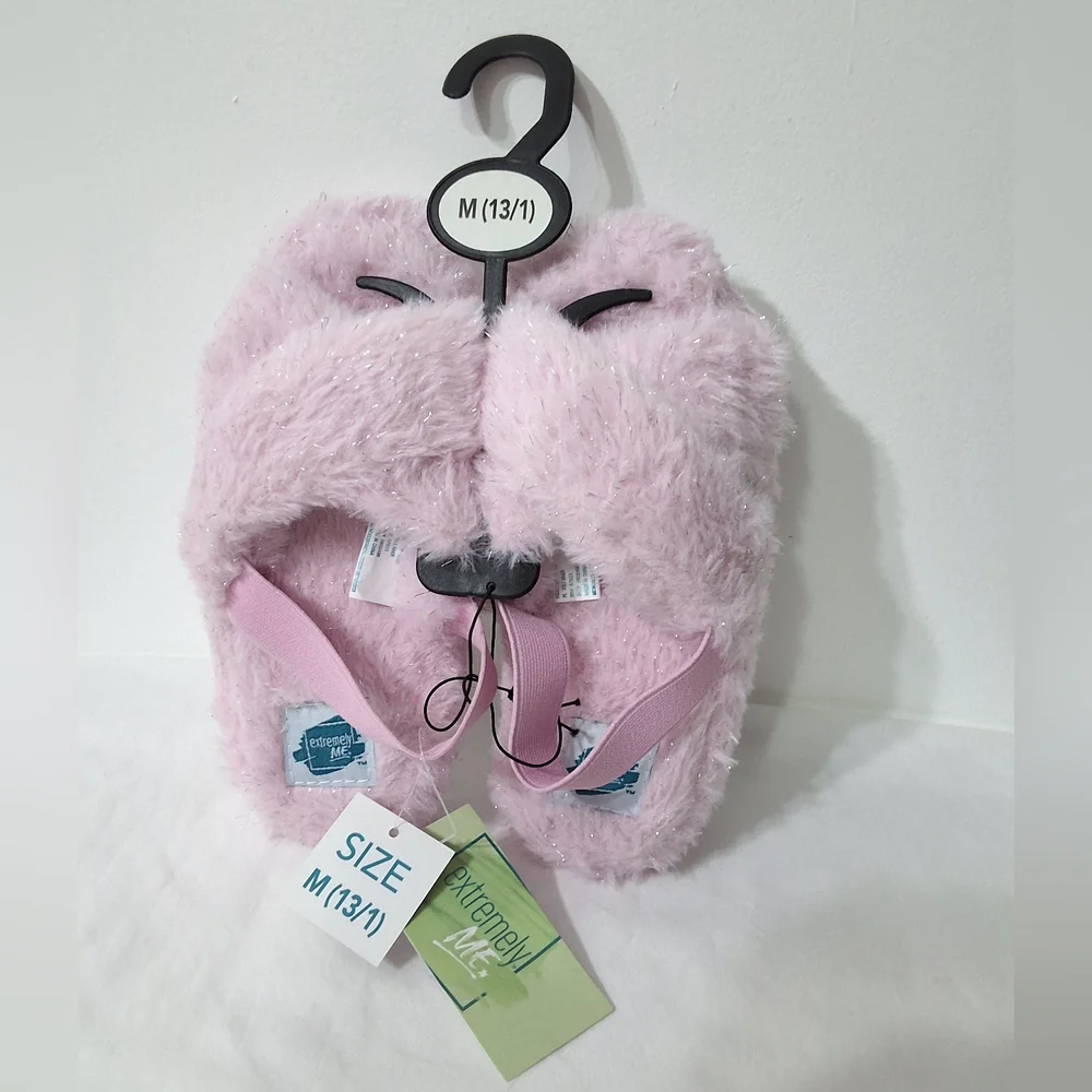Girls Pink Fuzzy Plush Criss Cross Two Band Slippers, Size M(13/1), New With Tag